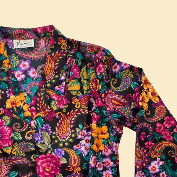 Vintage 70s/80s floral womens shirt by Joanna, 1970s black & pink blouse - Picture 5 of 8